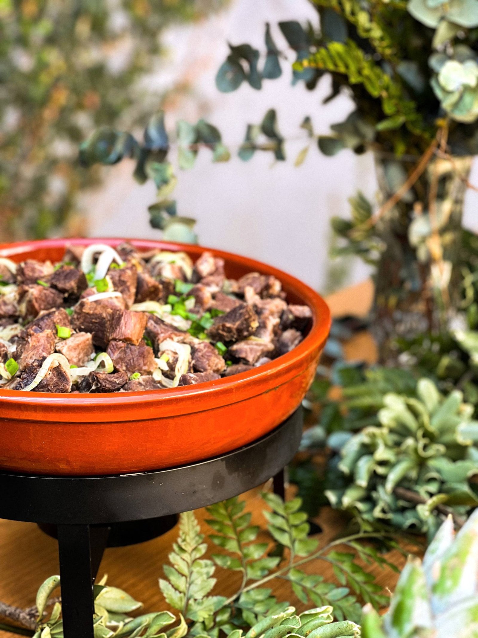 Panela de barro com carne em cubos e cebolinha sobre suporte de ferro, cercada de folhagens.